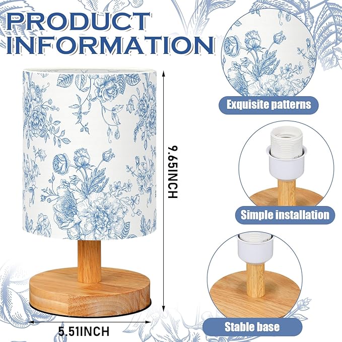 VIHOSE Blue Floral Kids Table Lamp for Bedroom Kids Bedside Lamp with Linen Wooden Nightstand Cartoon Nursery Lampshade for Girls Boys Living Room