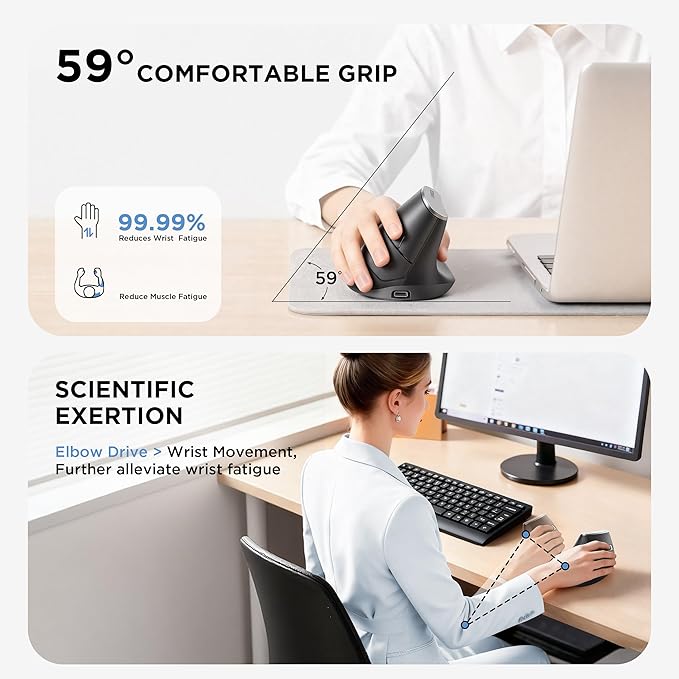 Uineer Vertical Ergonomic Mouse, Multi-Device Wireless Mouse with Bluetooth 5.0/4.0 & 2.4G, Rechargeable Computer Mouse for Laptop PC Office Home Desktop,4 DPI Optical Mice (Business Style, Black)