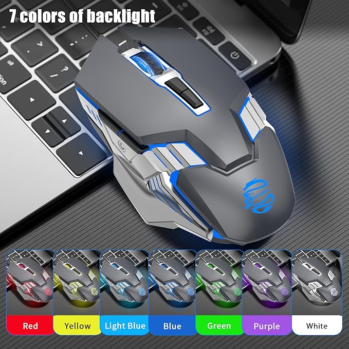 Bluetooth Gaming Mouse, RGB Rechargeable USB Wireless Mouse, Quiet Click, LED Backlit, Ergonomic, with Side Button, 6 Button, DPI Adjustable, Computer Mice for Laptop PC MacBook Chromebook - Grey
