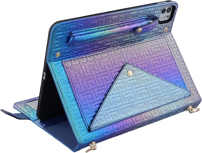 Shiny Case for iPad Pro 12.9" 6th/5th/4th Gen & iPad Air 13-inch Handbag w/Hand Strap, Techcircle Crossbody Iridescent Folio Stand Wallet Case w/Pencil Holder+Shoulder Strap, Shiny Indigo