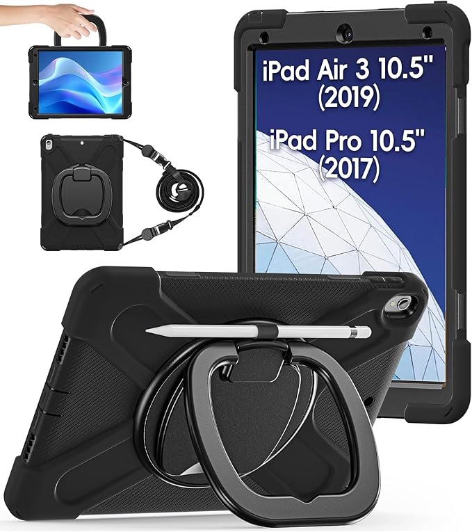 BATYUE iPad Air 3rd Generation Case 2019 / iPad Pro 10.5 inch Case 2017; Rugged Heavy Duty Protective Cover with Pencil Holder, 360° Swivel Stand, Shoulder Strap; for Kids (Black)