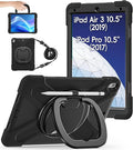 BATYUE iPad Air 3rd Generation Case 2019 / iPad Pro 10.5 inch Case 2017; Rugged Heavy Duty Protective Cover with Pencil Holder, 360° Swivel Stand, Shoulder Strap; for Kids (Black)