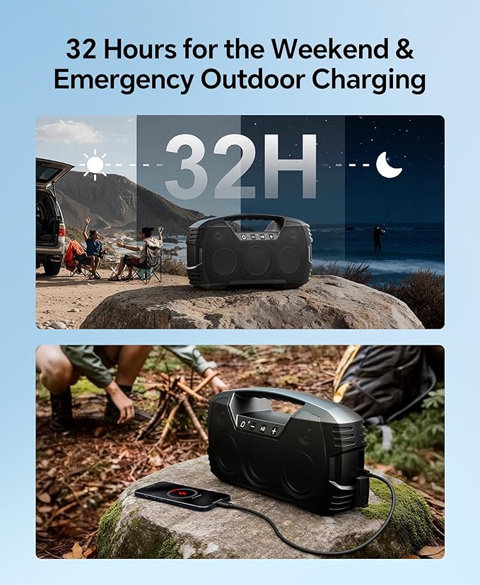 IPX7 Waterproof Outdoor Bluetooth Speaker, Wireless, 90W(Peak), 32H Playtime, Floating Design, Deep Bass & Loud Stereo Sound, Portable with Handle, Rugged for Pool, Beach, Kayaking, Hiking, Black