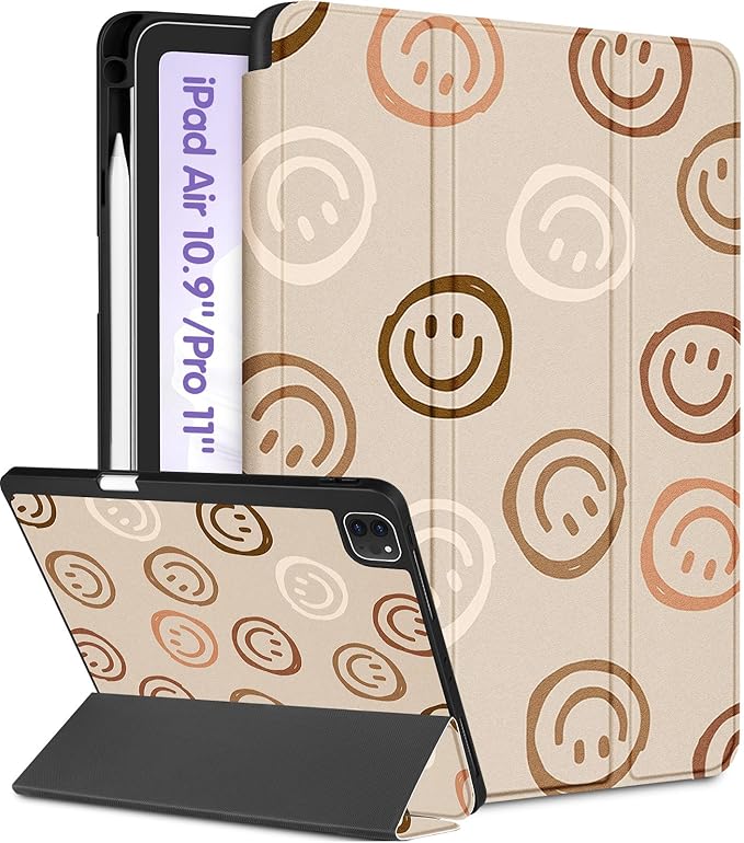 Uppuppy for iPad Air 11 inch Case, Air 5th/4th Generation 10.9, Pro 11'' (4th/3rd/2nd/1st Gen) Case Girls Cute Women Pencil Holder Smile Design Girly Folio Cover for iPad Air 11 2024/2025 (M2/M3)