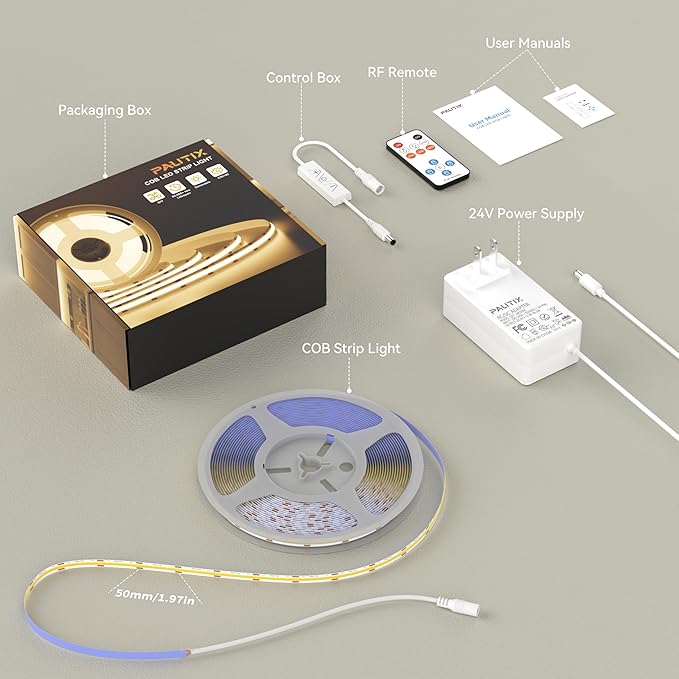 PAUTIX COB LED Strip Light,Strip Lights with RF Remote,UL Listed Daylight White Natural White 6000K 16.4ft Super Bright Dimmable 24V Flexible LED Tape Lights,Cabinets Kitchen Mirror Office Lighting