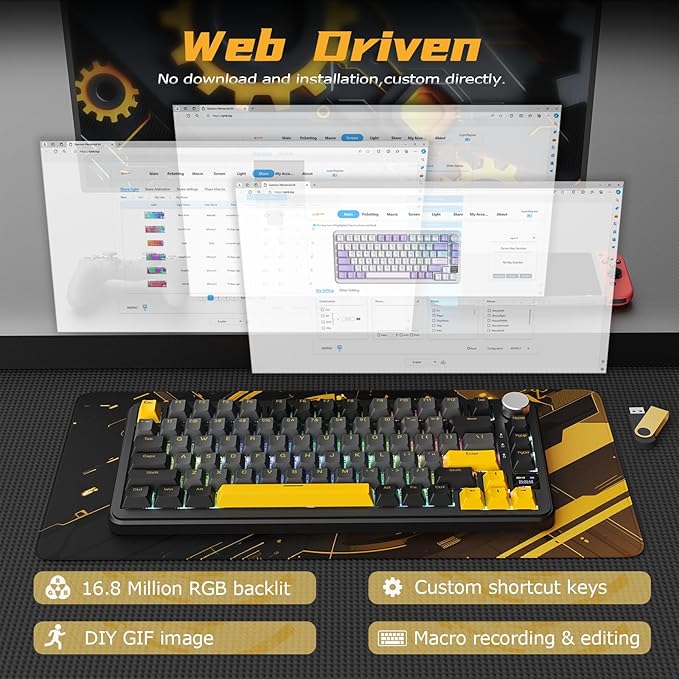 ATTACK SHARK X85 Pro Wireless Gaming Keyboard,Hot Swappable,Tri-Mode(BT 5.1/2.4Ghz/Type-C),Gasket, TFT Display & Knob,75% Layout,PBT Keycaps,QMK Custom for PC/MAC-Black/Linear Blueberry Switch