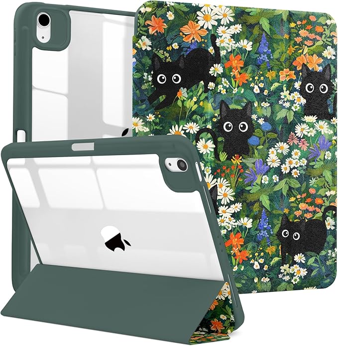 MrARTIST for iPad Air 11 Inch Case M3/M2 - Air 5th/4th Generation 10.9" Cute Women Girls Girly Kawaii Aesthetic Kawaii Flowers Design for Apple Air Tablet Cover with Pencil Holder, Cat Garden