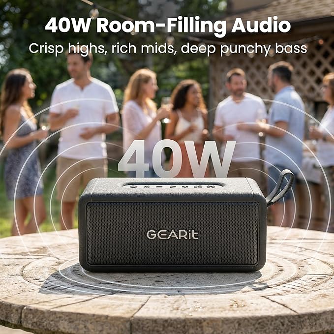 GEARit Portable Wireless Speaker | 40W Bluetooth Speaker V5.3 Deep Bass | IPX6 Waterproof TWS Pairing 15H Playtime Aux/USB/MicroSD for Camping Beach Party Garage RV Birthday Gifts