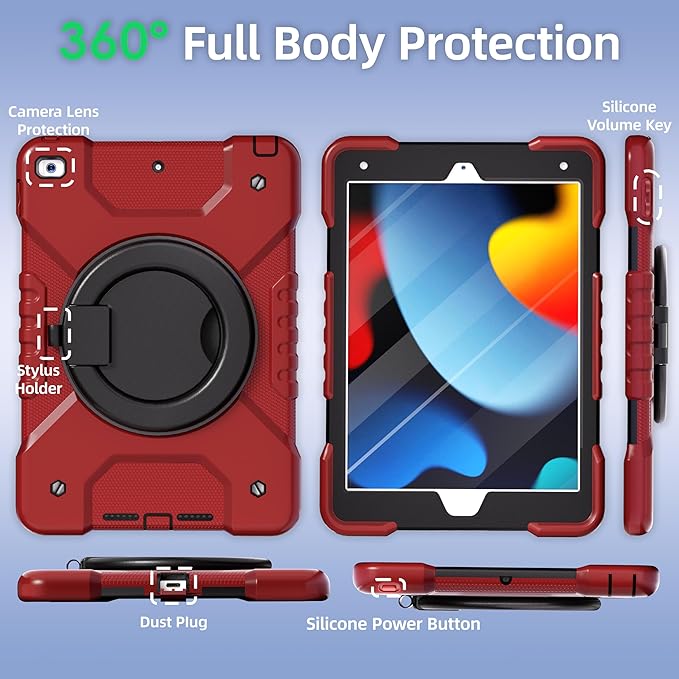 Andnary Case for iPad 9th/8th/7th Generation 10.2 inch, Shockproof Cover with Screen Protector/360° Rotating Handle/Bracket/Pen Holder/Shoulder Strap, Kids Case for iPad 2021/2020/2019 (Red+Black)