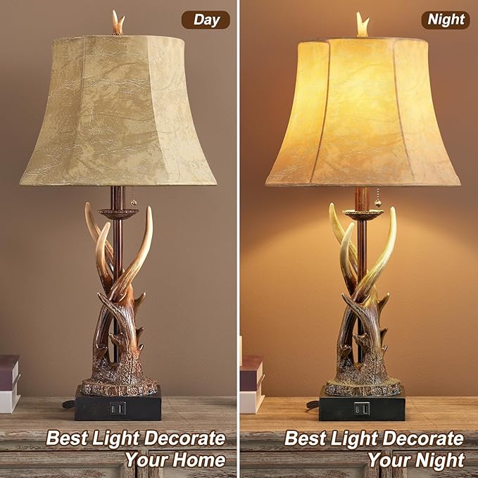 Antler Table Lamps Set of 2 with USB A+C Ports for Bedroom Farmhouse Deer Rustic Bedside Lamps with Faux Leather Bell Shade for Living Room End Table Hunting Themed Cabin Lamp Pull Chain