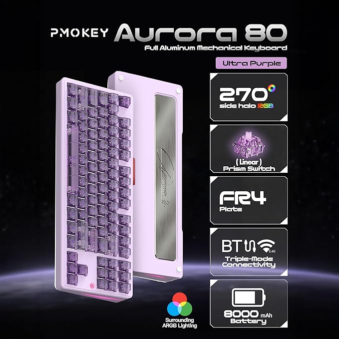 PMOKEY Aurora 80 CNC Full Aluminum Wireless Mechanical Keyboard with VIA/QMK, 8000mah Battery, Tri-Mode Wireless Gaming Keyboard Custom Hot Swappable RGB Backlit for Windows/Mac/PC (Ultra Purple)