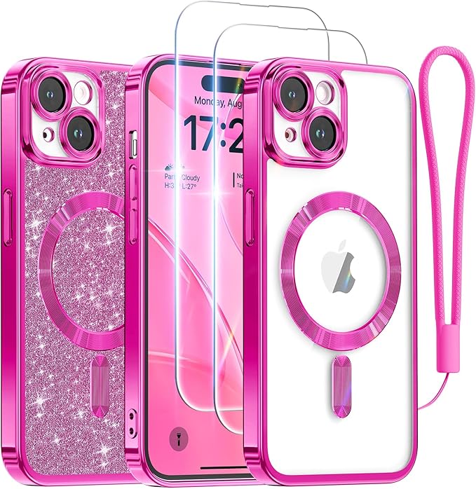 Meifigno for iPhone 15 Case 6.1", [Glitter Card & Wrist Strap] [Compatible with MagSafe] [2X Screen Protectors] Surround Raised Camera Lens Protection for iPhone 15 Case, Hot Pink