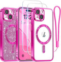 Meifigno for iPhone 15 Case 6.1", [Glitter Card & Wrist Strap] [Compatible with MagSafe] [2X Screen Protectors] Surround Raised Camera Lens Protection for iPhone 15 Case, Hot Pink