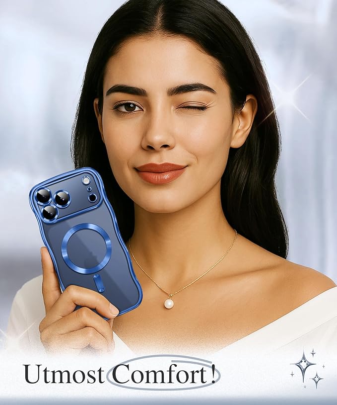 GVIEWIN for iPhone 17 Pro Case Compatible with MagSafe, Upgraded [Full Camera Protection][Cute Wave Frame][Military Grade Protection] Electroplated Hard Phone Cover for Women Girl, Clear/Blue