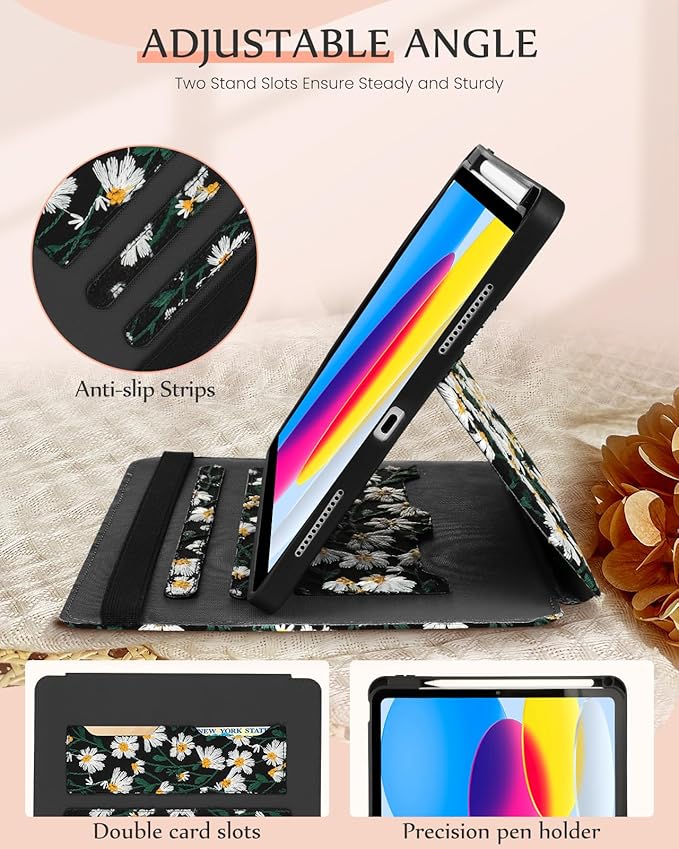 Uppuppy for iPad 10th Generation Case, for iPad (A16) 11th Generation Case - for Women Girls Cute Embroidered Folio Stand Cover with Pencil Holder & Card Slot Girly Daisy Floral Kawaii Aesthetic Cases
