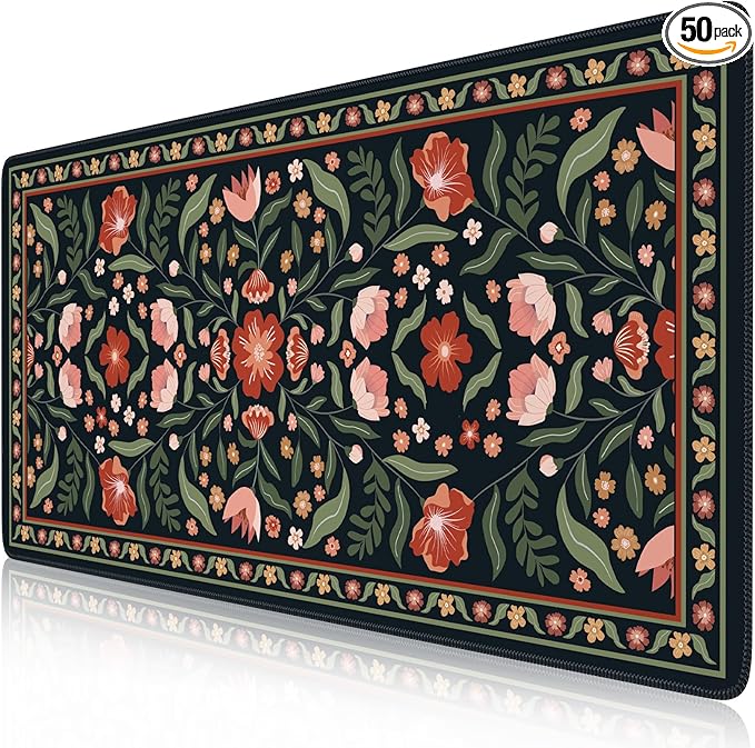 iLeadon Cute Desk Cover Mat, Extended Floral Stitched Edges Desk Pad for Keyboard and Mouse, Soft Large Gaming Mouse Pad, Non Slip Desks Blotter Mat for Office Home (Black)
