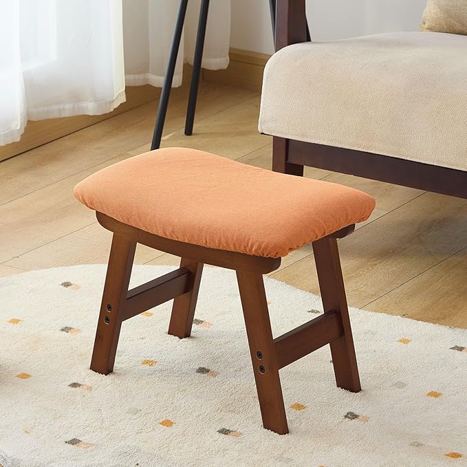 Foot Stool,Under Desk Foot Rest Ottoman, Washable Stool for Office, Living Room, Bedroom (Brown Legs-Orange Stool Seat)