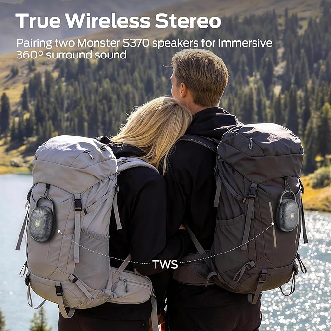 Monster Clip-On Speaker with Carabiner, Ultra-Portable Bluetooth 6.0 Shower Speaker IPX7 Waterproof, 29H Playtime Small Wireless Speaker for Hiking Camping Beach Outdoor Travel - Black