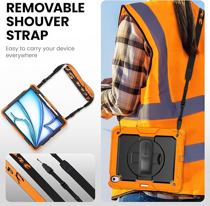 timecity for iPad Air 13 Inch Case M4 2026/ M3 2025/ M2 2024, 360° Rotating Stand, Pencil Holder & Wireless Charging, Shockproof with Screen Protector & Shoulder Strap - for Designers, Orange