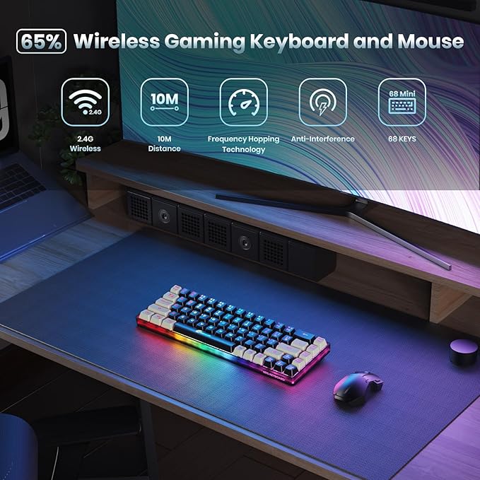 GEODMAER 65% Wireless Gaming Keyboard: LED Backlit, 68 Keys, Ultra-Compact, Anti-ghosting, No-Conflict Wireless Keyboard for PC Laptop Windows Gamer(Black-White)