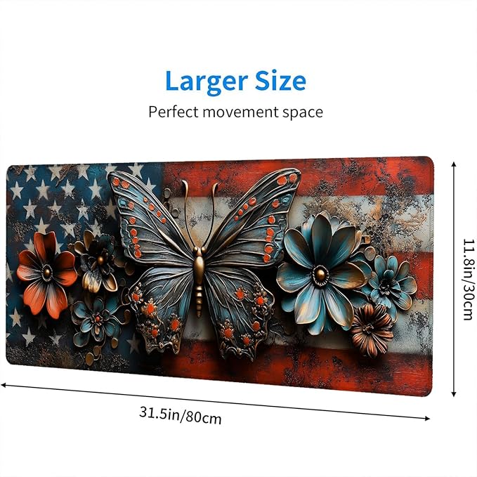 American Flag Butterfly Desk Mat Vintage US Flag Flower XL Mouse Pad Large Mousepad Extended Laptop Keyboard Mat Gaming Desk Pad Mouse Mat 31.5"x11.8" Office Computer Keyboard Laptop Home