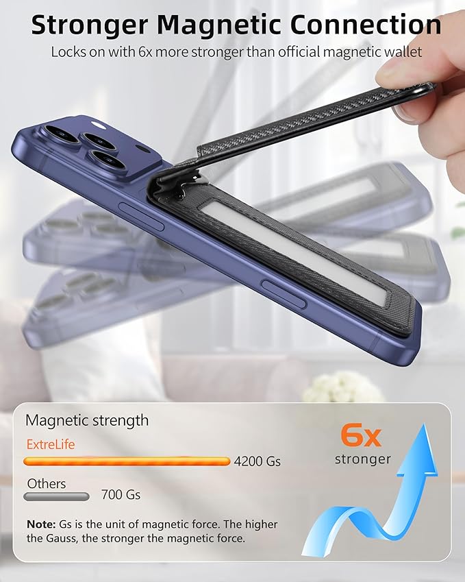 For Magsafe Wallet with Money Clip, Strongest Magnetic Wallet for iPhone 17/16/15/14/13/12 Series, Adjustable Stand, ID Window, 5 Card Holder, Vegan Leather, Not for 13/12 Mini, Black Carbon Fiber