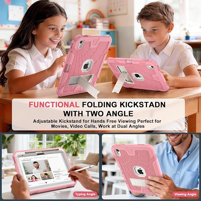 SIBEITU iPad 11th A16 2025/ 10th Generation Case for Kids Girls, Shockproof Rugged iPad 10th 10.9 Inch Case 2022 with Kickstand & Pencil Holder, 3-Layer Protective Cute 10 Gen Cover for Women, Pink