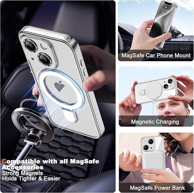 Compatible with iPhone 14 Plus Case with Invisible Magnetic Ring Stand [Compatible with Mag-Safe] [Full Camera Lens Protector] Plating Clear Phone Case for iPhone 14 Plus 6.7", Silver