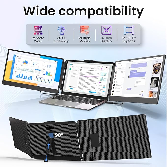 14" Triple Laptop Screen Extender - FHD 1080P Portable Monitor Work Travel Display 13-17" Laptops USB-C HDMI for Windows/Mac/Chrome
