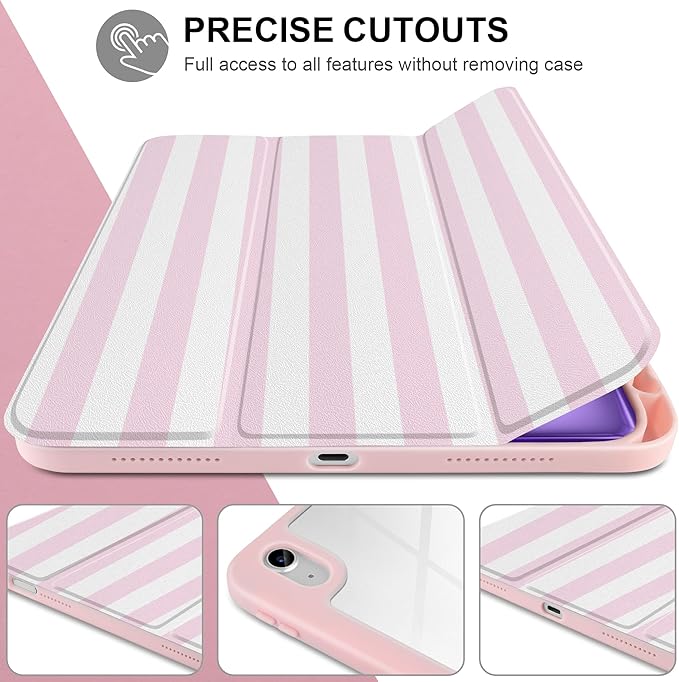 Case for iPad Air 13 inch 2026 M4 2025 M3 2024 M2 Release with Pencil Holder - Cute Pink White Striped Trifold Cover with Clear Back Auto Sleep, Aesthetic Soft Protective Skin for Girls Women