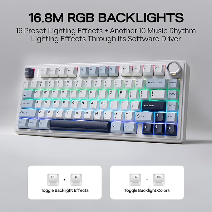 MechLands Aula F75 PRO 75% Wireless Gaming Keyboard, Gasket Mechanical Custom Keyboard with Five-Layer Padding, BT/2.4GHz/USB-C, Hot Swappable, Knob, RGB, Reaper Switches (White Blue)