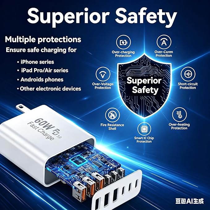 USB C Fast Charger Block, 5-Port 60W USB-C Wall Charger Plug, Multiport Phone Charging Cube,Type C Power Adapter Brick Box for Apple iPhone 17 16 15 14 13 12 11 7 6 Pro Max/Plus,iPad Air/Mini,Samsung