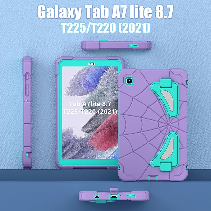 AKABEILA Compatible with Samsung Galaxy Tab A7 Lite 8.7 inch T225/T220(2021) Tablet Case，Lightweight Shockproof Rugged Protective Cover with Kickstand for Kids Children Boys Babies Purple Mint Green