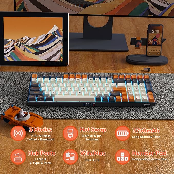 RK ROYAL KLUDGE RK100 Wireless Mechanical Keyboard RGB Backlit Bluetooth5.1/2.4G/Wired 96% Full Size 100-Key Hot Swappable Gaming Keyboard Brown Switch Carbon