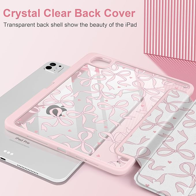 TWOLSKOO Case for iPad Pro 11-inch (M5 2025 / M4 2024), Clear Acrylic Back with TPU Bumper, Pencil Holder, Trifold Stand, Auto Sleep/Wake, Pink Bows