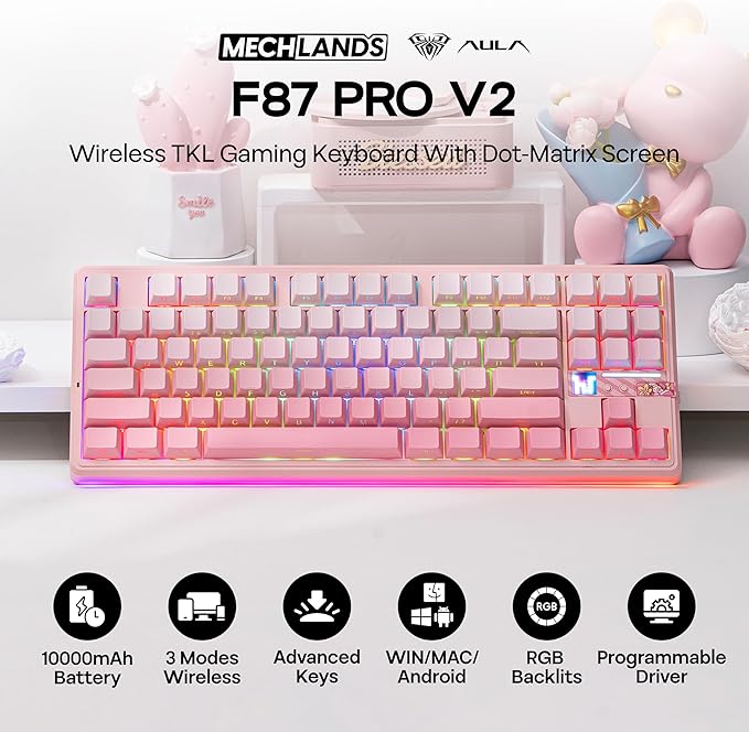 MechLands Aula F87 PRO V2 Wireless Gaming Keyboard with 10000mAh Battery, 8K Polling, SOCD/MT/TGL, BT/2.4GHz/Wired, Hot Swap TKL Mechanical Keyboard with Creamy Gasket, RGB Backlit (Pink Gradient)