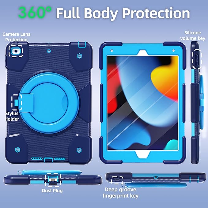 Andnary Case for iPad 9th/8th/7th Generation 10.2 inch, Shockproof Cover with Screen Protector/360° Rotate Stand/Pencil Holder/Shoulder Strap, Kids Case for iPad 2021/2020/2019 (Navy+Blue)
