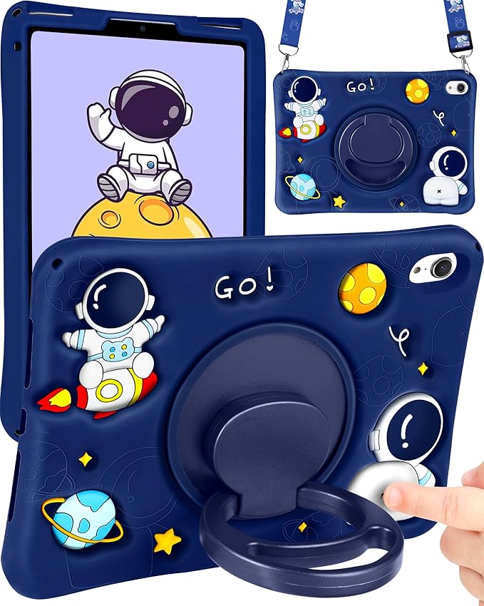 Wazzasoft for iPad mini 7 A17 Pro 2024, for iPad mini 6 Case 8.3 Inch Boys Cute Astronaut Cover Kawaii Spacemen Cool with Rotating Stand + Strap Soft Silicone Funda for iPad mini 7th/6th Gen Cases