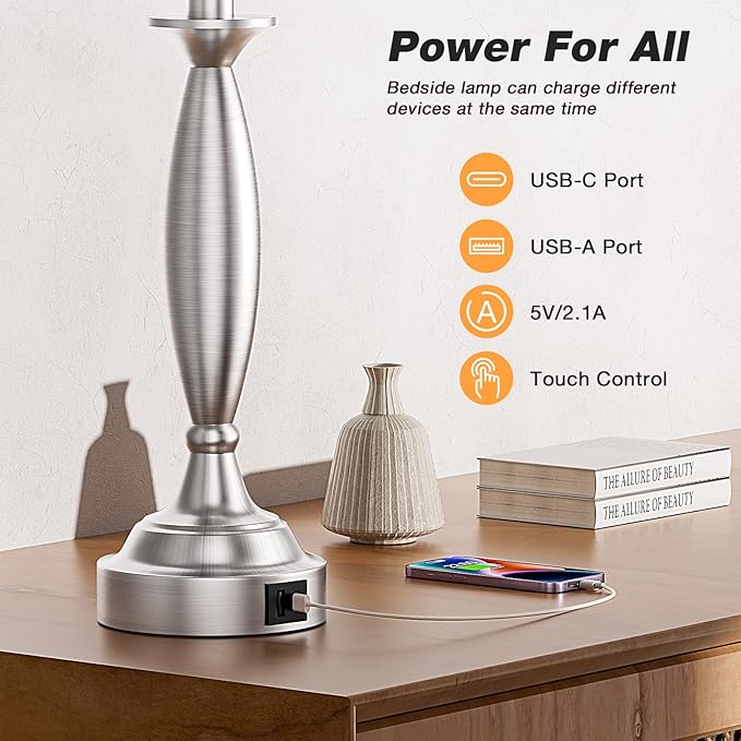 Seealle White Lamps for Bedrooms Set of 2 - Touch Control Bedside Lamp with USB C+A, 3 Way Dimmable Nightstand Lamps with USB Port, Table Lamp for Living Room(White Shade and Nickel Base)
