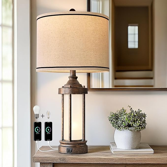 G-SAFAVA 25'' Table Lamp for Living Room Bedroom Farmhouse Metal Lamps with 2 USB Ports, Built-in Frosted Glass Night Light Vintage Industrial Nightstand Bedside End Lamp, 2 Bulbs Included, Bronze