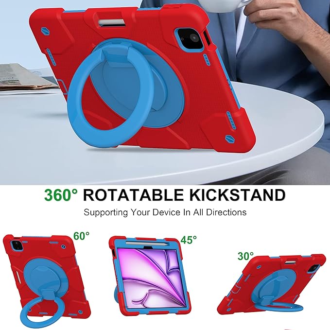 Andnary Case for iPad Air 11 inch Case M4/M3/M2 (2026/2025/2024), Heavy Duty Shockproof Cover with Screen Protector, 360° Rotating Stand, Pencil Holder, Shoulder Strap (Red+Blue)