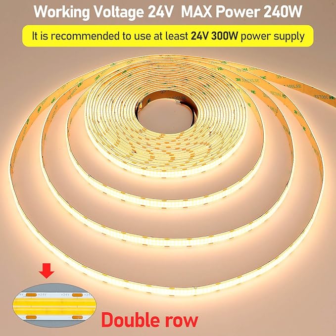 GOMING 32.8ft(10M) DC 24V Double Row COB LED Strip Light Natural White 4000K IP65 Waterproof 6000LEDs CRI 93+ 20000lm Uniform Glow Dotless Flexible LED Tape Lights for DIY Home Decor(No Power Supply)