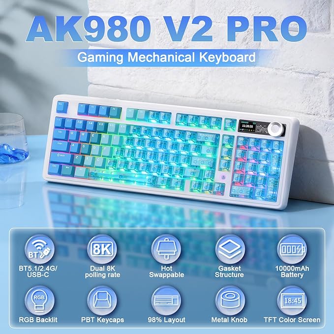 AJAZZ AK980 V2 Pro 98% Dual 8K Mechanical Keyboard, 10000mAh Wireless Tri-Mode Gaming Keyboard with Smart Display & Knob, Hot Swappable BT/2.4G/USB-C for Win/Mac (Blue,Lychee Switch)