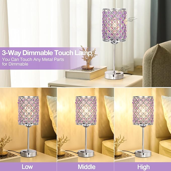 Hong-in Purple Lamps for Night Stands-Crystal Table Lamp with USB-C+A & AC Charging Ports, 3-Way Dimmable Nightstand Touch Lamp, Bedside Desk lamp for Bedroom Living Room Home Office