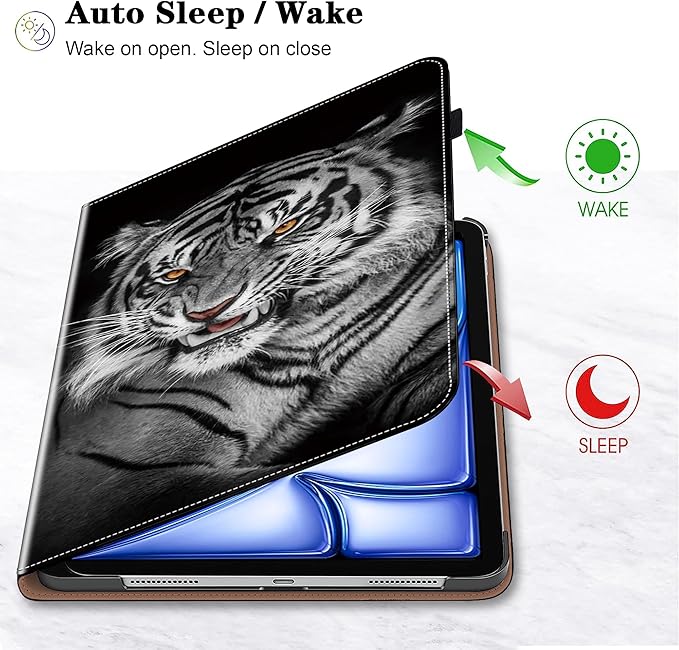 Case for iPad Air 13 inch M4 2026/M3 2025/M2 2024 with Pencil Holder & Card Slots & Auto Sleep, Embossed PU Leather Stand Magnetic Shockproof Cover Case for iPad Air 13 - Black Tiger