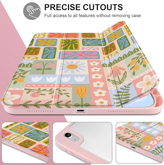Case for iPad Air 13 inch 2026 M4 2025 M3 2024 M2 Release Slim Lightweight Shockproof Cute Printed Cover with Clear Back TPU Edge Pencil Holder Trifold Stand Auto Wake Sleep, Flower Patchwork