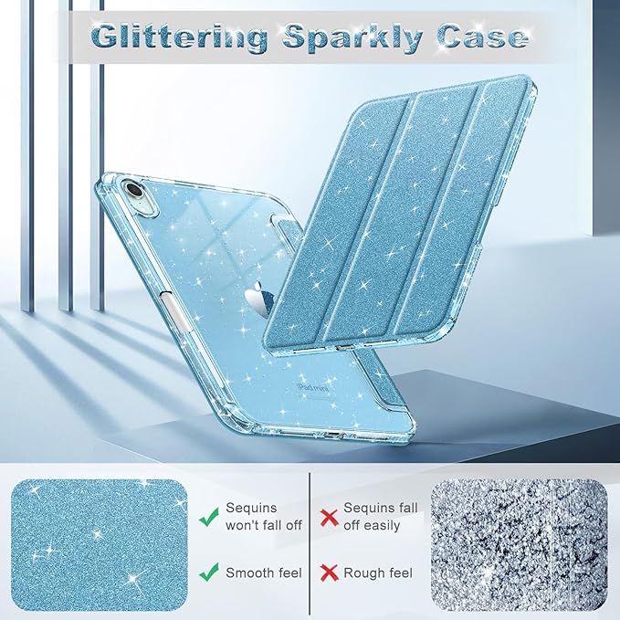 Fintie Slim Case for iPad Mini 7 (A17 Pro, 7th Generation) 2024 / iPad Mini 6 (6th Gen) 8.3 Inch - [Built-in Pencil Holder] Glittering Sparkly Shockproof Cover w/Shiny Clear Back Shell, Blue