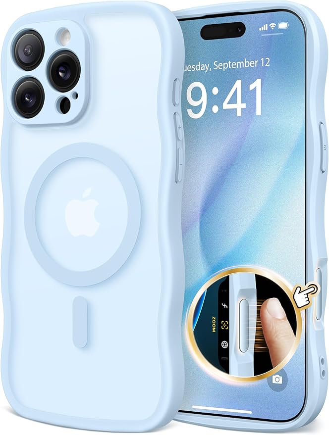 CAPRARO for iPhone 16 Pro Case for Women Girls, Upgraded [Full Camera Protection] [Compatible with MagSafe] Cute Wave Translucent Matte Phone Case for iPhone 16 Pro, Light Blue