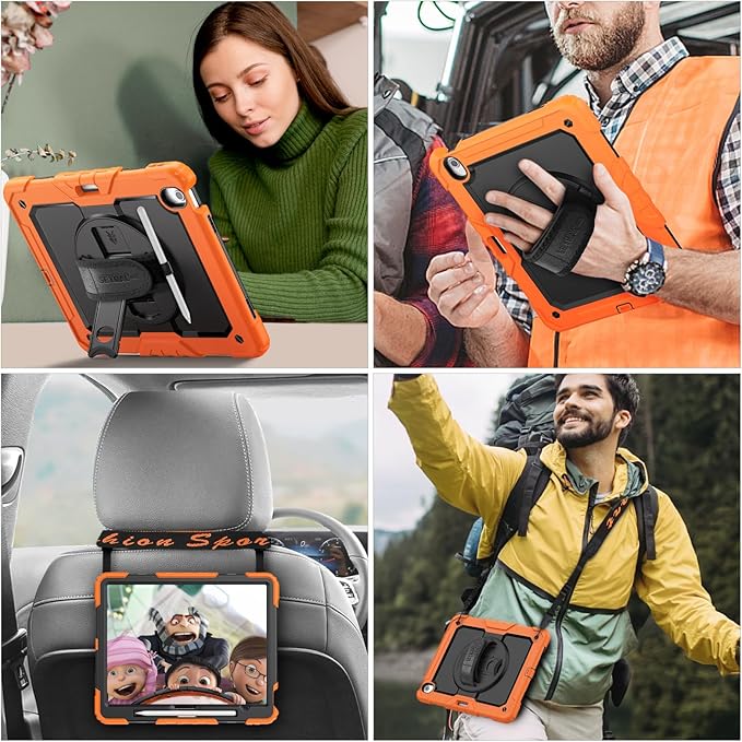 SEYMAC stock Case for iPad Air 13-inch M4-M2 2026-2024 (Gen 8-6), Shockproof Heavy Duty Case with Screen Protector, Pencil Holder, Rotating Stand, Hand Strap, Shoulder Strap, Orange