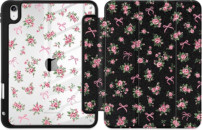 Case for iPad Air 11 inch M4 2026 M3 2025 M2 2024,iPad Air 5th (2022) / 4th (2020) 10.9 Inch Clear Back Shell Lightweight Shockproof TPU Edge Trifold Stand Auto Wake Sleep Cute Cover, Roses